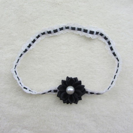 Mini Flower Headband With Pearl & Lace- Black