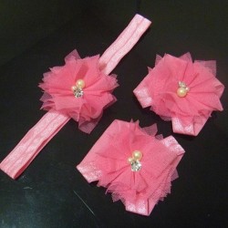 Tulle flower barefoot sandals and Headband set