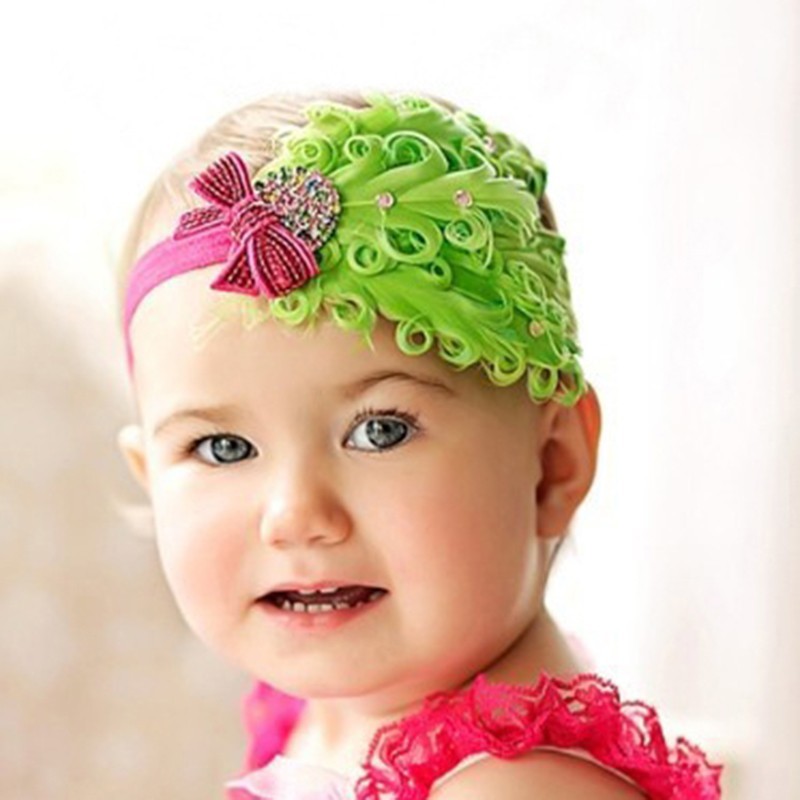CUTE BABY KID PEACOCK FEATHER LACE BOW FLOWER HEADBAND UK SELLER 